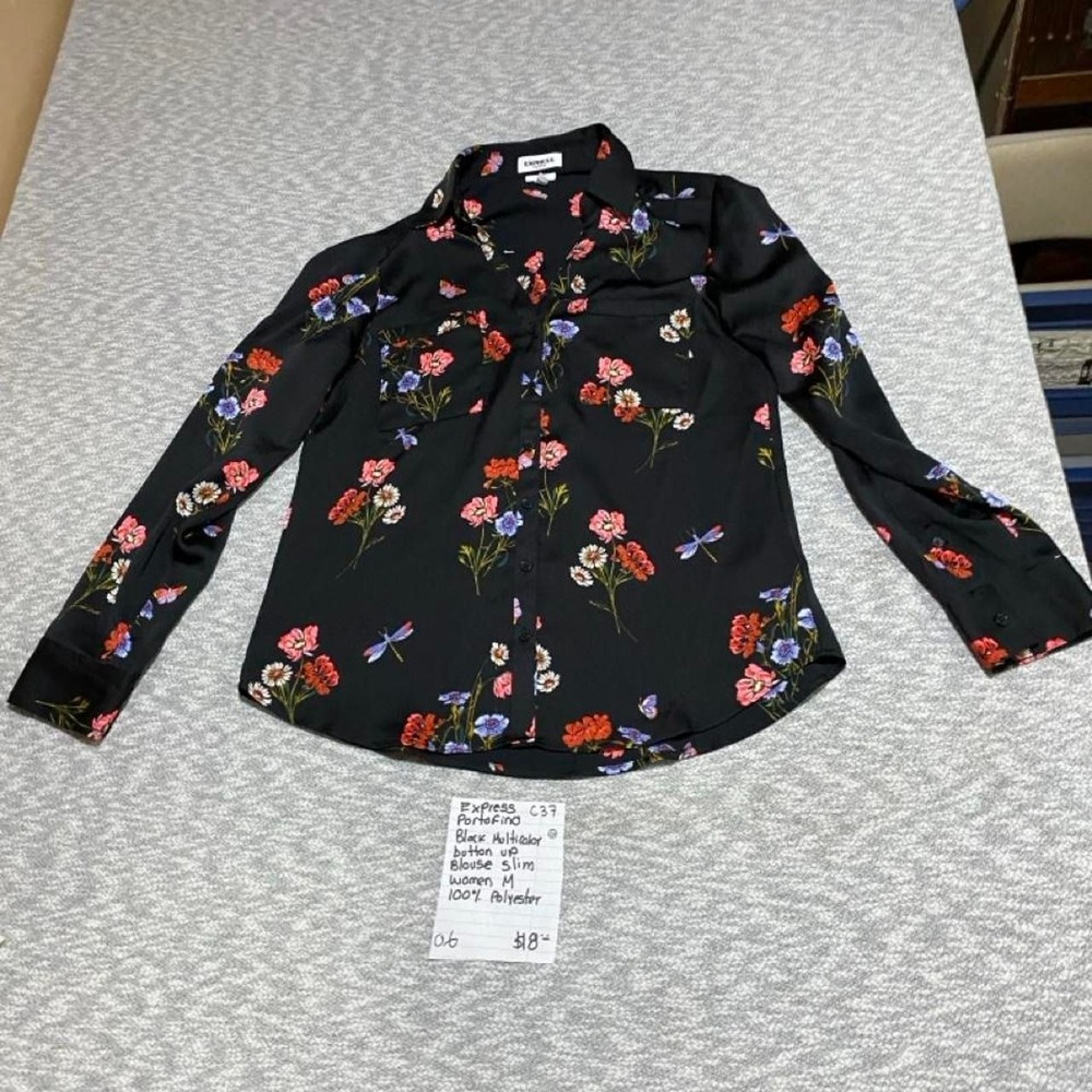 Express Portofino Black Multi-color Floral Button Up Blouse Women M. SKU-C37